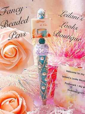 Fancy beaded pen/gifts/coffee cup/girly/light blue beads/butterfly/